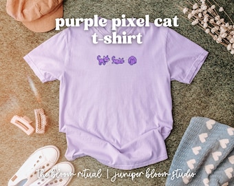 Przytulna koszulka z fioletowym pikselowym kotem | przytulny prezent dla graczy
