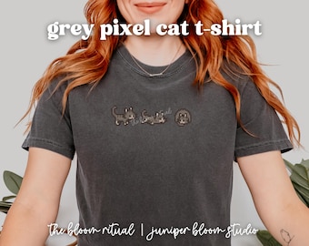 Szara, pikselowa, przytulna koszulka z kotem | przytulny prezent dla graczy
