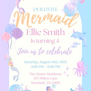 Editable Mermaid Birthday Invitation | Canva Free Template | Under the Sea Girl Birthday Invite | Instant Download | Editable Kids Party