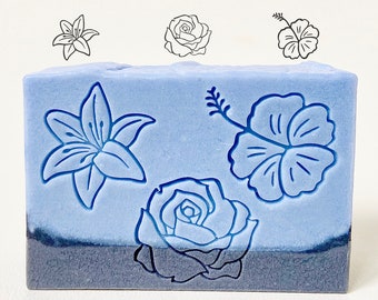 Flowers: lily rose hibiscus and daisy Acrylic stamp/Soap stamp/Cookie stamp/Clay Ceramics Pottery stamp/Fondant stamp