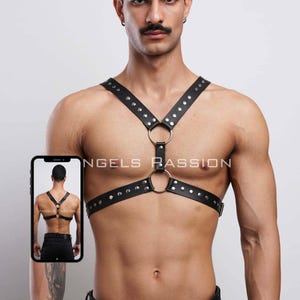 Mens Studded Chest Harness Vegan Leather Adjustable Punk Goth Rave Top