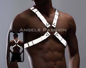 Glow in the Dark Reflective Vegan Leather O-Ring Chest Harness for Men Adjustable XS-5XL