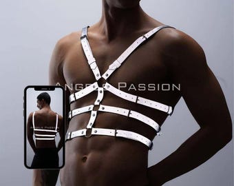 Glow in the Dark Vegan Leather Three Strap Chest Harness for Men Adjustable Sizes XS-5XL