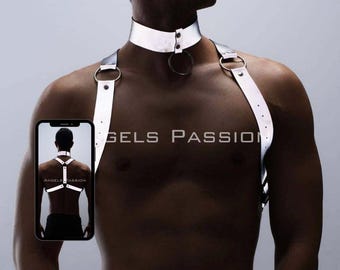 Glow in the Dark Reflective Vegan Leather Choker and Chest Harness for Men Adjustable XS-5XL