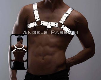 Glow in the Dark Reflective Leather Chest Harness for Men Adjustable XS-5XL