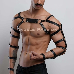 Men&#39;s Leather Chest Shoulder and Arm Harness Handmade Rave Accessory Fully Adjustable with Plus Size Options