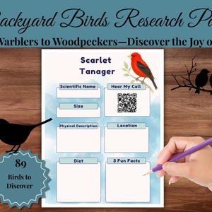 May include: A research page titled "Backyard Birds Research Pages" with the text "From Warblers to Woodpeckers - Discover the Joy of Birds." The page features a Scarlet Tanager illustration, a QR code, and sections for information. A silhouette of a bird and the text "89 Birds to Discover" are also present.