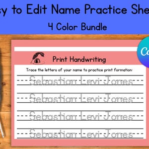 Puede incluir: Una hoja de práctica de escritura a mano rosa con el nombre "Sebastian Levi Jones" repetido cuatro veces. La hoja incluye el texto "Easy to Edit Name Practice Sheets" y "4 Color Bundle". Una pluma y un tintero están a la izquierda.