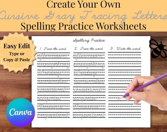 Feuille d'exercices d'écriture cursive modifiable : Modèle Canva pour la pratique de l'orthographe (Téléchargement numérique)