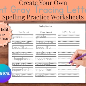 May include: A white spelling practice worksheet with gray tracing letters. The worksheet includes the words "grade", "tomorrow", "beautiful", "sentence", "happiness", "principal", "important", and "usually". A hand holds a purple pencil, ready to write.