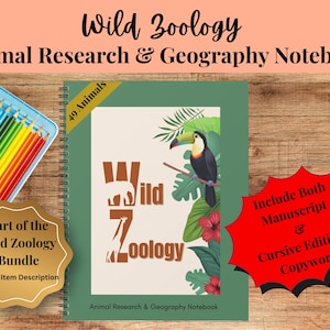 May include: A spiral-bound notebook titled "Wild Zoology: Animal Research & Geography Notebook" with a toucan illustration. Includes a pencil case with colored pencils and a gold-colored badge that says "Part of the Wild Zoology Bundle".