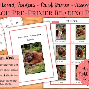 Puede incluir: Material educativo para primeros lectores. La imagen muestra un paquete de lectura con el texto "DOLCH PRE-PRIMER READING PACK". Incluye tarjetas de palabras frecuentes, páginas de lectura con imágenes de orangutanes y el texto "10 Animal Sight Words Readers".