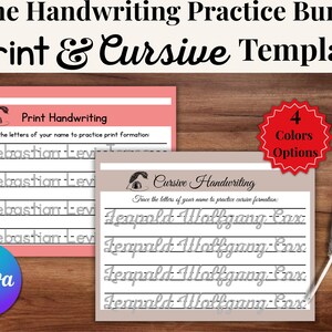 May include: A handwriting practice bundle with print and cursive templates. The templates include practice sheets for printing and cursive writing, with the name "Sebastian Levi" and "Jenpold Wolfgang-Cox" displayed. The image also shows a red sticker with "4 Colors Options".