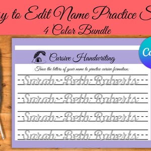 May include: A cursive handwriting practice sheet with the name "Sarah Beth Roberts" repeated four times. The sheet is on a purple background with the text "Cursive Handwriting" and "4 Color Bundle". A quill and inkwell are on a wooden surface.