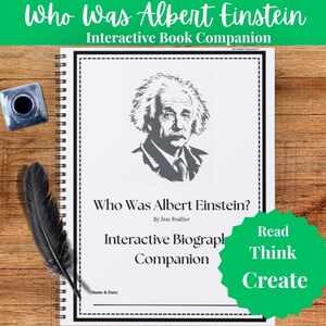 Könnte beinhalten: Ein spiralgebundenes interaktives Begleitbuch mit dem Titel Who Was Albert Einstein? von Jess Brallier, das ein schwarz-weißes Porträt von Albert Einstein, eine schwarze Feder und ein Tintenfass zeigt. Der Einband enthält den Text Read Think Create.