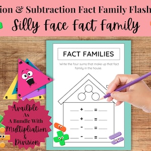 May include: Educational flashcards for addition and subtraction fact families. The image features a worksheet with the title "Fact Families" and colorful, cartoon-like shapes. The text "Silly Face Fact Family" is also visible.