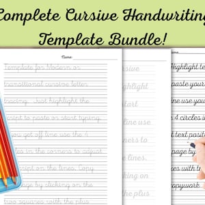 May include: A handwriting template bundle with the text "Complete Cursive Handwriting Template Bundle!" displayed at the top. The image shows lined paper with cursive writing instructions and a pencil case filled with colorful pencils.