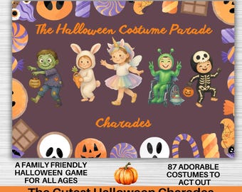 May include: A Halloween-themed game board with the text "Guess the Costume, Join the Fun!" and "The Halloween Costume Parade." The game features illustrations of children in costumes, including a zombie, bunny, fairy, alien, and skeleton. The game is called "Charades."