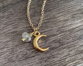 Gold Crescent Moon Necklace, Small Moon Charm, Crystal Bead, Celestial Jewelry, WANDERLUST Collection
