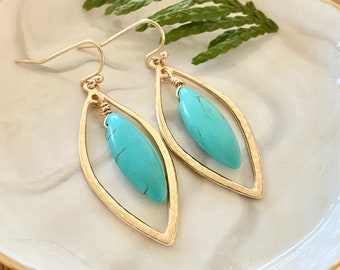 Gold Turquoise Earrings, Teardrop Blue Stone Drops, Modern Boho Jewelry, Gemstone Dangle Earrings, Modern Geometric Hoops