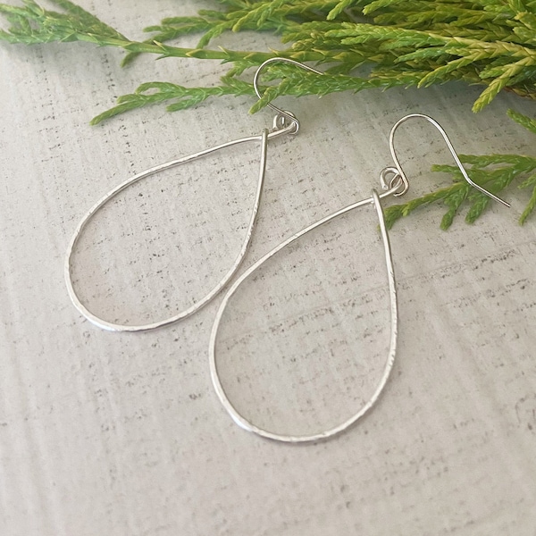 Silver Hoop Earrings, Teardrop Hoops, Hand Forged Minimalist Jewelry, Simple Hammered Wire Earrings, Dainty Everyday Casual Long Earrings