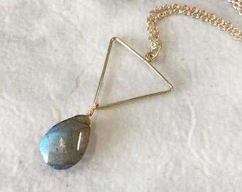 Gold Triangle Labradorite Necklace, Wire Wrapped Gemstone Jewelry, Geometric Charm Necklace