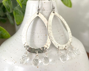 Silver Hoop Earrings, Quartz Teardrops, Wire Wrapped Jewelry, Hammered Hoop Earrings, Dainty Everyday Earrings