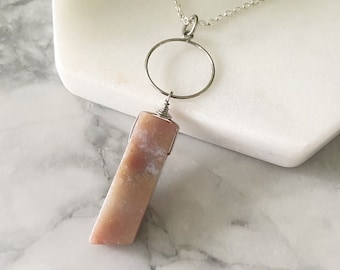 Agate Stone Necklace, Silver Circle Pendant, Natural Gemstone Red Pink Agate, Boho Stone Jewelry, Wire Wrapped Minimalist Jewelry