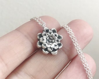 Chrysanthemum Flower Necklace, Recycled Fine Silver .999, Botanical Nature Mum Charm, Dainty Jewelry, 13th Anniversary Mother's Day Gift