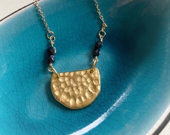 Gold Hammered Pendant Necklace, Half Moon, Modern Boho Jewelry, Small Beads, Statement Necklace, Geometric Jewelry