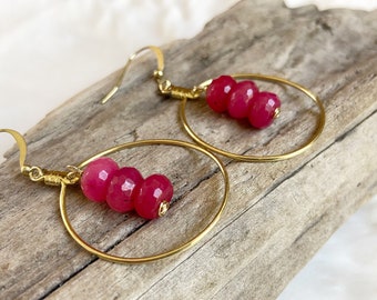 Ruby Earrings, Gold Hoops, Gemstone Jewelry, Ruby Beads, July Birthstone, Birthday Gift Idea