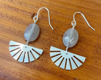 Silver Moonstone Sunburst Earrings, Gray Moonstone Gemstone Jewelry, Modern Boho Dangle Earrings