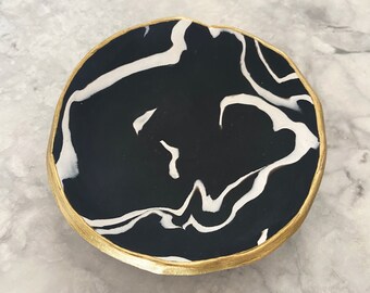 Polymer Clay Ring Dish, Trinket Dish, Black White Marble, Jewelry Storage, Wedding Ring Holder, Gilded Gold Rim, Unique Bridesmaid Gift