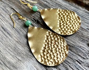 Large Gold Teardrop Earrings, Hammered Brass, Wire Wrapped Aventurine Stones, Wavy Drop Earrings, WANDERLUST Collection