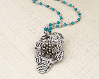 Large Silver Flower Pendant, Turquoise Beads, Long Beaded Necklace, Botanical Jewelry, Gift for Her, Nature Lover, Boho Necklace