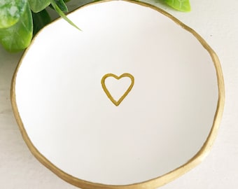 Polymer Clay Ring Dish, Wedding Ring Trinket Dish, White Gold Heart, Jewelry Storage, Small Gold Rim Dish, Anniversary Engagement Gift