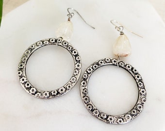 Silver Hoop Earrings, Citrine Jewelry, Reversible Silver Circles, Leaf Flower Pattern, Wire Wrapped Stones