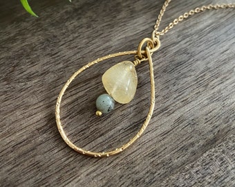 Gold Teardrop Necklace, Citrine Gray Agate, Hammered Hoop Pendant, Wire Wrapped Crysta, November Birthstone Jewelry, WANDERLUST Collection