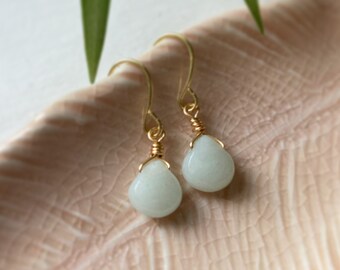 Small Blue Gemstone Earrings, Amazonite Jewelry, Dainty Drop Earrings, Wire Wrapped Stones, Stocking Stuffers