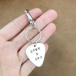 Personalized Key Chain, Silver Hand Stamped Words, Keychain Fob Ring, Custom Quote, Guitar Pick, Gift for Him, Musician Dad Gift