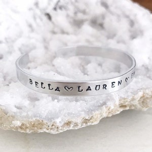 Silver Personalized Bracelet, Hand Stamped Cuff, Mothers Bracelet, Family Jewelry, Custom Kids Names, Stacking Bracelet, Skinny Bangle Cuffs
