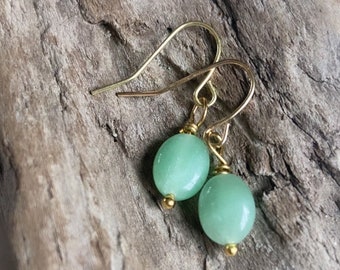 Gold and Aventurine Drop Earrings, Small Green Stones, Wire Wrapped Dangle Earrings