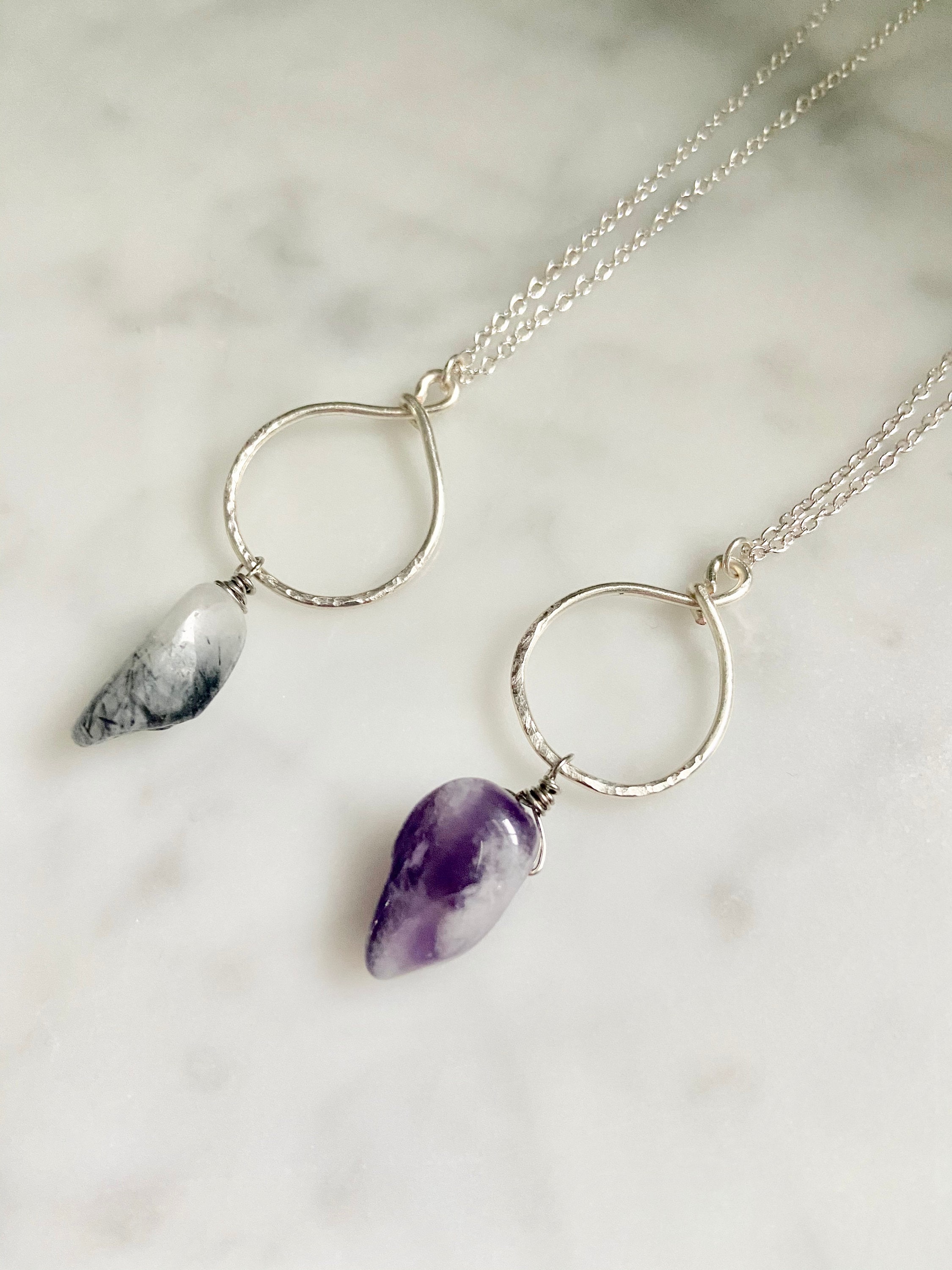 Silver Circle Stone Necklace Black Tourmaline Quartz Crystal Etsy