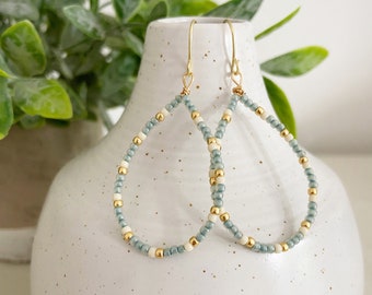 Blue Beaded Earrings, Teardrop Hoops, Seed Bead Jewelry, Tiny Beads Blue Gold, Dainty Earrings