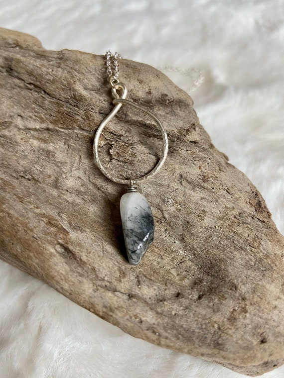 Silver Circle Stone Necklace Black Tourmaline Quartz Crystal Etsy