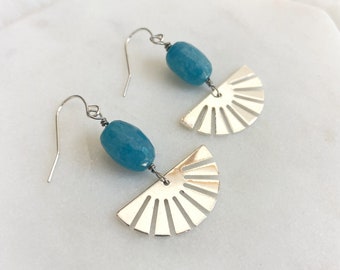 Silver Sunburst Earrings, Blue Angelite Gemstone Jewelry, Modern Boho Dangle Earrings, Geometric Jewelry, Fall Style, Gift for Her