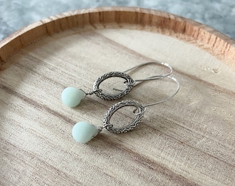 Silver Oval Drop Earrings, Small Wire Wrapped Aventurine Stones, Stamped Scalloped Pattern