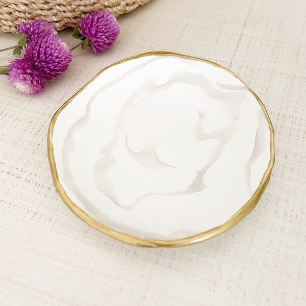 Polymer Clay Ring Dish, Wedding Ring Trinket Dish, White Marble, Jewelry Storage, Gilded Gold Rimmed, Handmade Decor, Small Dish, Gift Idea