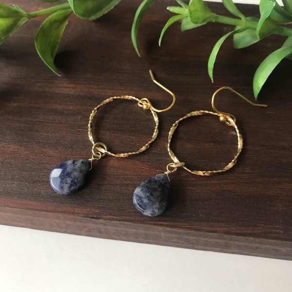 Gemstone Hoop Earrings, Gold Circle, Blue Stone Drops Sodalite, Boho Bohemian Jewelry, Twisted Hoop, Wire Wrapped Teardrops, Sagittarius