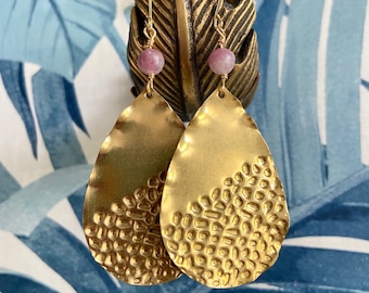 Large Gold Teardrop Earrings, Hammered Brass, Wire Wrapped Agate Stones, Wavy Drop Earrings, WANDERLUST Collection